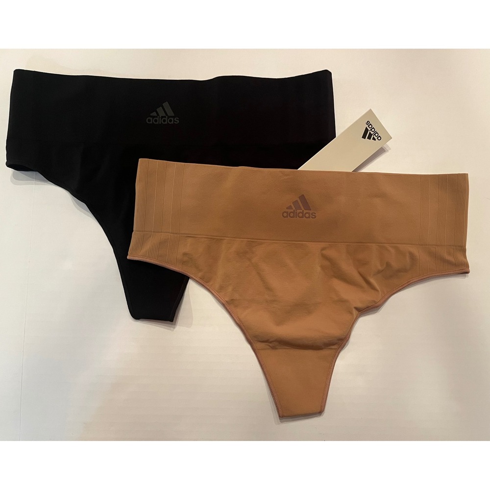 Adidas Woman's 2 Pack‎ Smart Micro Thong Panties Underwear Size XL Black Tan